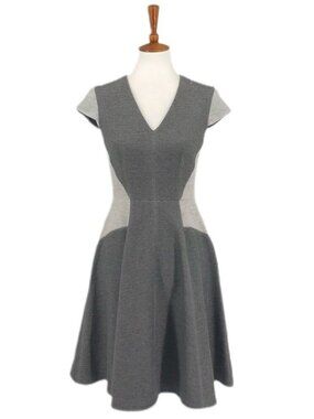 Rebecca Taylor Gray Colorblock Fit & Flare Dress V-Neck Cap Sleeve, Sz 6